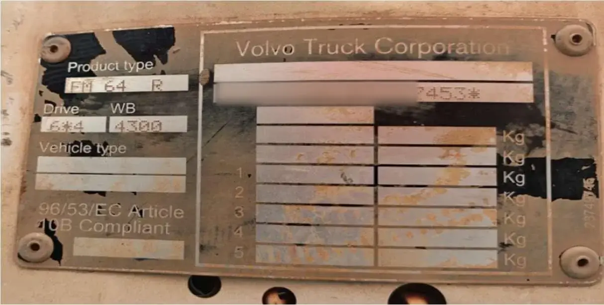 Volvo FMX 400 6x4 2023: Serial plate, number partly masked